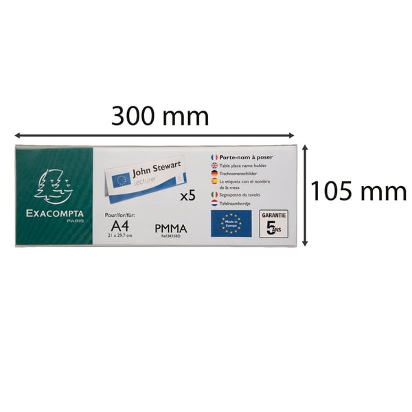 Exacompta 10x bordplade-/navneholdere (A4-laengde), pakke med 5 stk. - Krystal 84358D