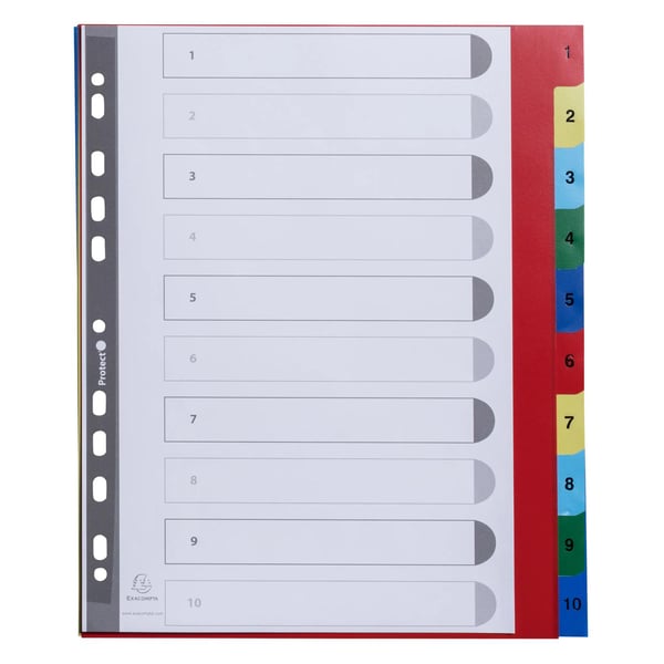 Exacompta 20x PP trykte indekser, A4 Maxi, 1 til 10 - assorteret lyse 84E