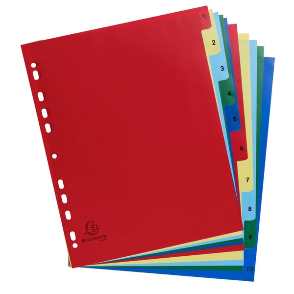 Exacompta 20x PP trykte indekser, A4 Maxi, 1 til 10 - assorteret lyse 84E