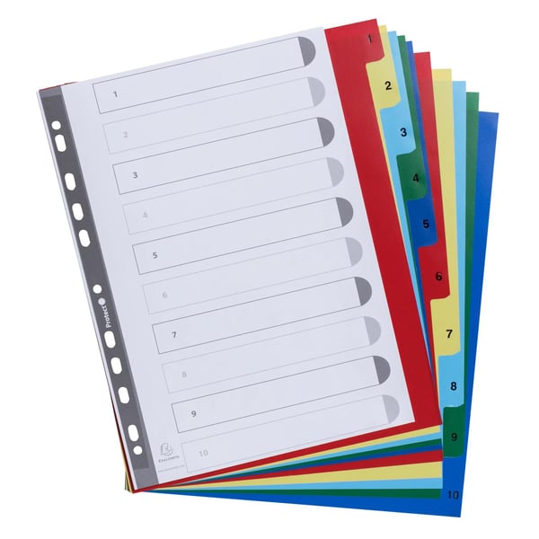 Exacompta 20x PP trykte indekser, A4 Maxi, 1 til 10 - assorteret lyse 84E