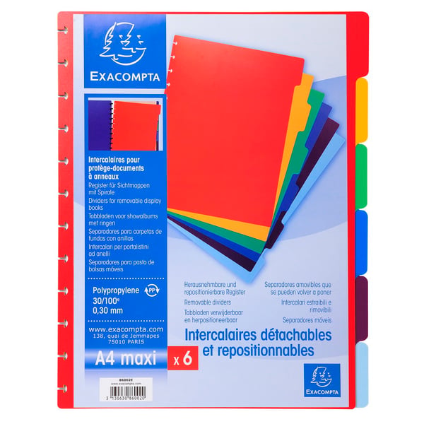 Exacompta 10x Polypropylen 6-delt farvede inddelere til flytbar displaybog. - assorterede farver 86002E