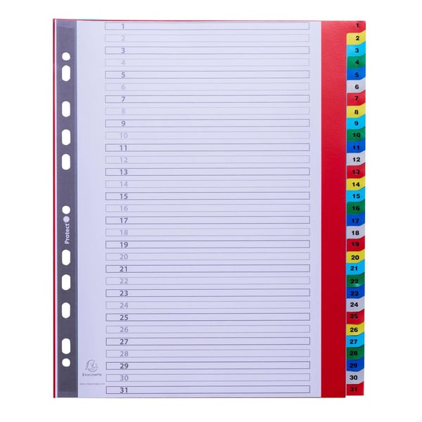 Exacompta 20x PP trykte indekser, A4 Maxi, 31 dele, 1 til 31 - assorteret lyse 88E