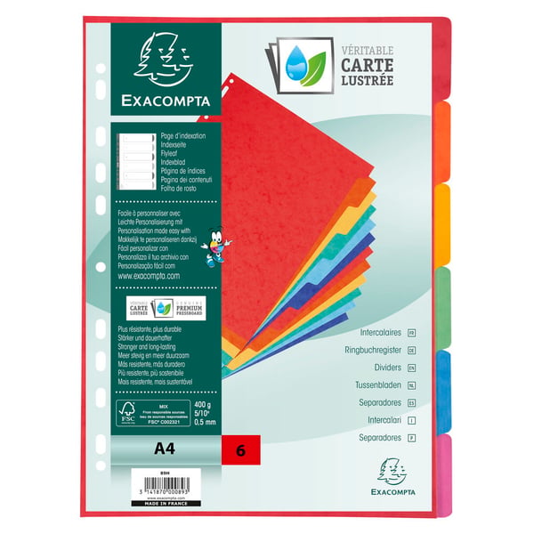 Exacompta 50x Dividers Premium Pressboard, A4, 400gsm, 6 dele - assorterede farver 89H
