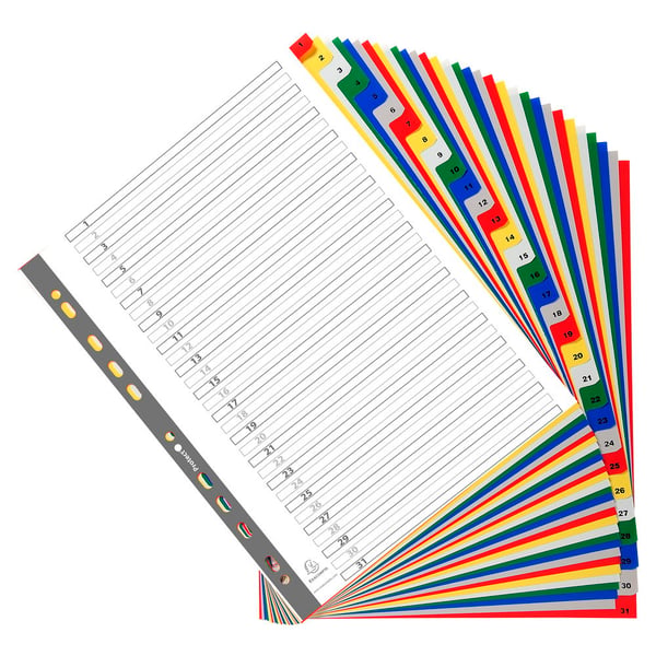Exacompta 20x PP trykte indekser, A4, 31 dele, 1 til 31 - assorterede farver 93E