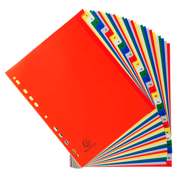 Exacompta 20x PP trykte indekser, A4, 31 dele, 1 til 31 - assorterede farver 93E