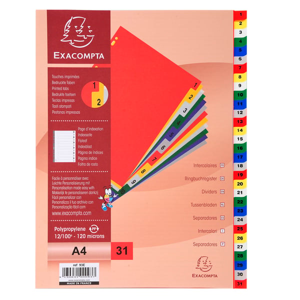 Exacompta 20x PP trykte indekser, A4, 31 dele, 1 til 31 - assorterede farver 93E