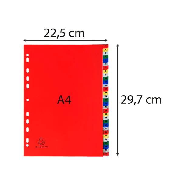 Exacompta 20x PP trykte indekser, A4, 31 dele, 1 til 31 - assorterede farver 93E