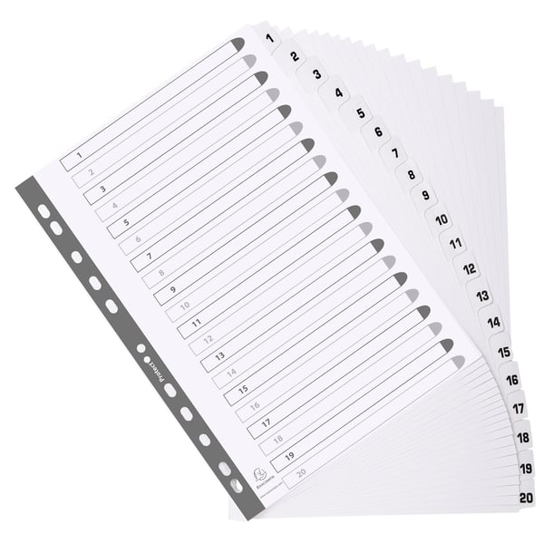 Exacompta 15x Mylar trykte indekser, A4, 20 del 1 til 20 - hvid MWD1-20Z