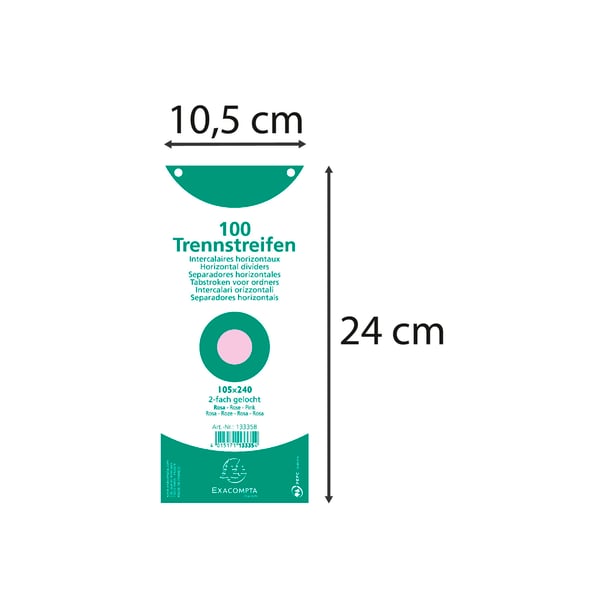 Exacompta 12x perforerede horisontale skillevaegge, 10,5x24cm til A4-arkivering, 180gsm - Lyserød| 13335B