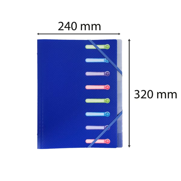 Exacompta 10x Multipartmappe med 3 klapper og elastiske stropper, Opak polypropylen 8 rum - A4-størrelse. - assorterede farver 56180E