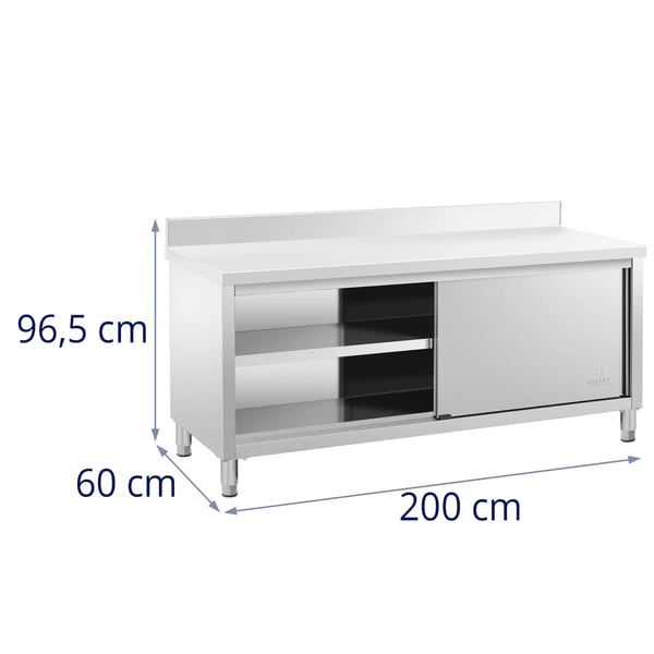 Royal Catering - Rostfri arbetsbänk - 200 x 60 cm - Skyddskant - 600 kg lastkapacitet