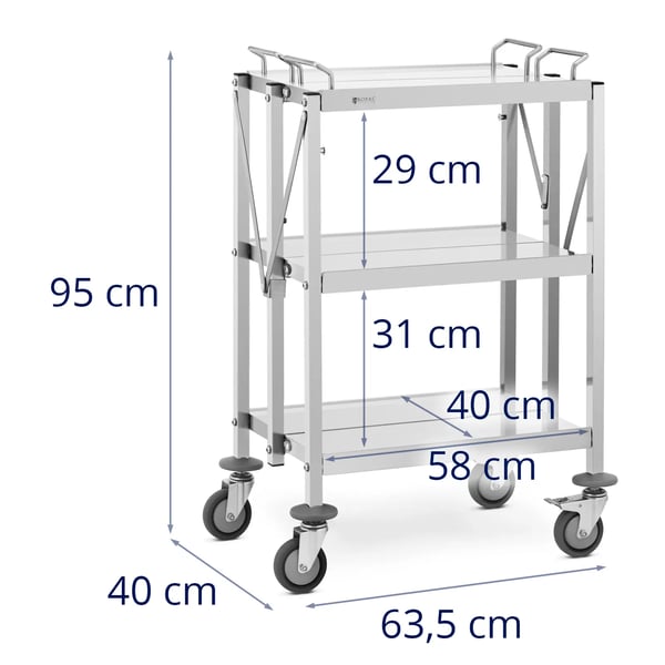 Royal Catering - Serveringsvagn - 3 hyllor - 40 x 58 cm - 90 kg - hopfällbar