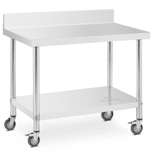 Royal Catering - Bord i rostfritt stål med hjul - 60 x 100 cm - bakstycke - 155 kg lastkapacitet