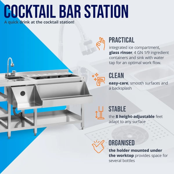 Royal Catering - Cocktail-station - Med ishink, 4 st. GN 1/9 behållare, glassköljare och flaskhållare
