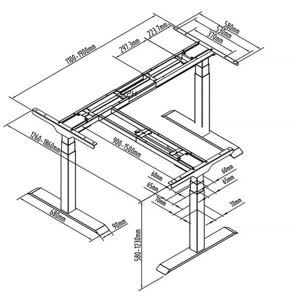 Fromm & Starck - Justerbart underrede till hörnbordsskiva - Höjd: 58-123 cm - Bredd: 90-150 cm (vänster) / 110-190 cm (höger) - Vinkel: 90° - 150 kg