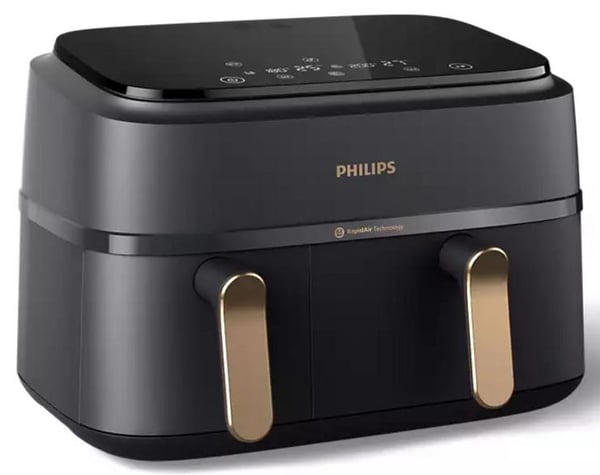 Öljytön ilmakeitin Philips Ovi Dual Basket NA352/00 kahdella korilla – harmaa-kupari