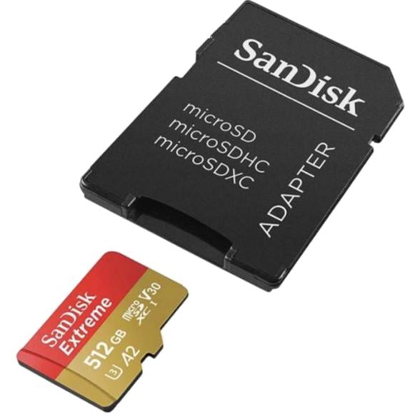 micro Secure Digital eXtended Capacity (microSDXC)-kort SANDISK microSDXC 512 GB Extreme 190 MB/s A2 C10 V30 UHS-I U3 + adapter Svart/
