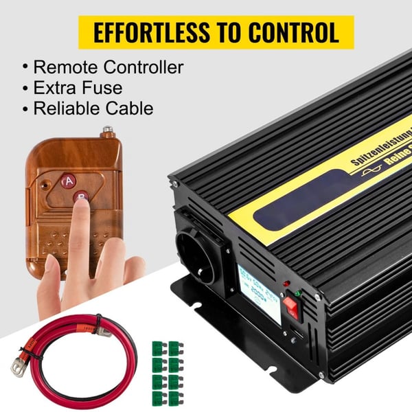 Ren Sinusbølge Inverter 2500W, DC 12V til AC 230V. Bilinverter med USB, LCD, fjernbetjening og sikkerhedsbeskyttelse til RV, både og nødværn.