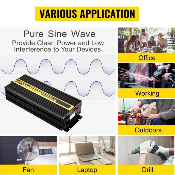 Ren Sinusbølge Inverter 2500W, DC 12V til AC 230V. Bilinverter med USB, LCD, fjernbetjening og sikkerhedsbeskyttelse til RV, både og nødværn.