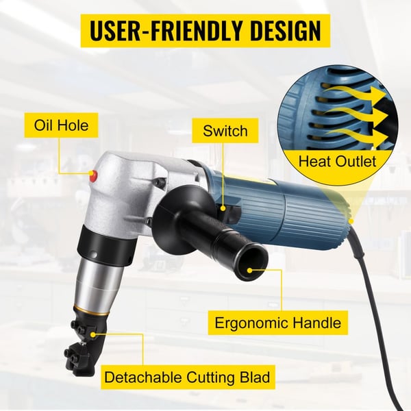 Elektrisk Metal Nibbler 625W, 1000RPM, til højhastighedsskæring af rustfrit stål, aluminium og plastik. Med udskiftelige knive og opbevaringskasse.