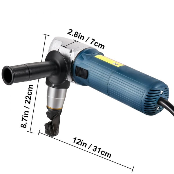 Elektrisk Metal Nibbler 625W, 1000RPM, til højhastighedsskæring af rustfrit stål, aluminium og plastik. Med udskiftelige knive og opbevaringskasse.