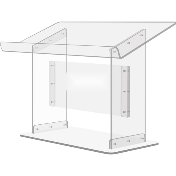 Bordplade akryl podium 19,5" høj, plexiglas 27"x13,7", skrå overflade med læbe. Klar talerstol til prædikener og præsentationer.
