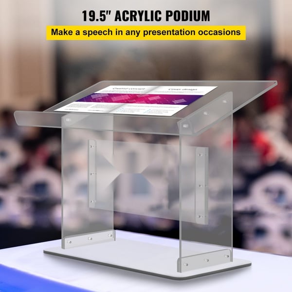 Bordplade akryl podium 19,5" høj, plexiglas 27"x13,7", skrå overflade med læbe. Klar talerstol til prædikener og præsentationer.
