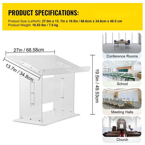 Bordplade akryl podium 19,5" høj, plexiglas 27"x13,7", skrå overflade med læbe. Klar talerstol til prædikener og præsentationer.