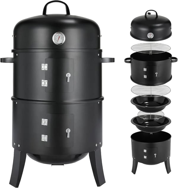 3-i-1 vertikal kolrökare Ø45 cm, vit BBQ rök-/grilltunna, tung konstruktion, termometer och handtag för utomhusbruk 3-i-1 vertikal kolrökare Ø45 cm, vit BBQ rök-/grilltunna, tung konstruktion, termometer och handtag för utomhusbruk