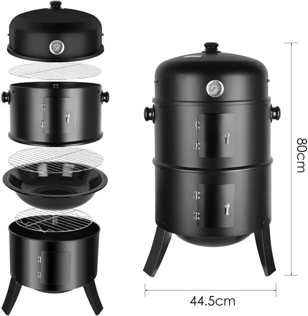 3‑in‑1 pystysuora hiilisavustin Ø45 cm, tynnyri‑BBQ‑grilli, punainen, vankka rakenne, lämpömittari, klassinen tyyli ulkokokkaukseen