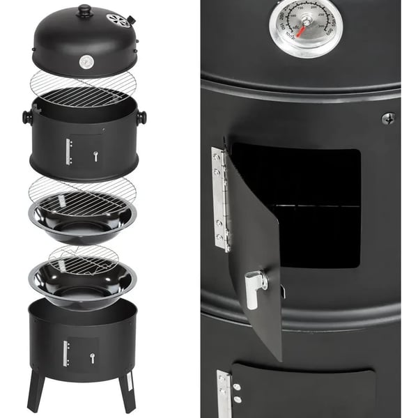3‑i‑1 vertikal BBQ kulrøger, Ø45 cm rund tøndegrill, grå – kraftig konstruktion, indbygget termometer og skorsten