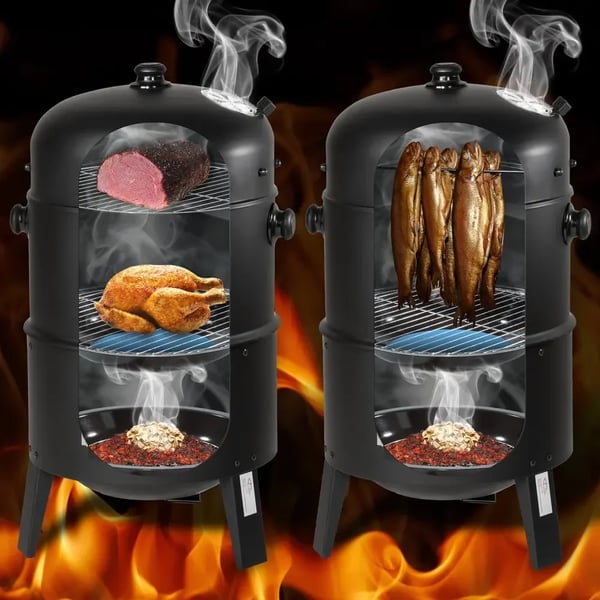 3‑i‑1 vertikal BBQ kulrøger, Ø45 cm rund tøndegrill, grå – kraftig konstruktion, indbygget termometer og skorsten