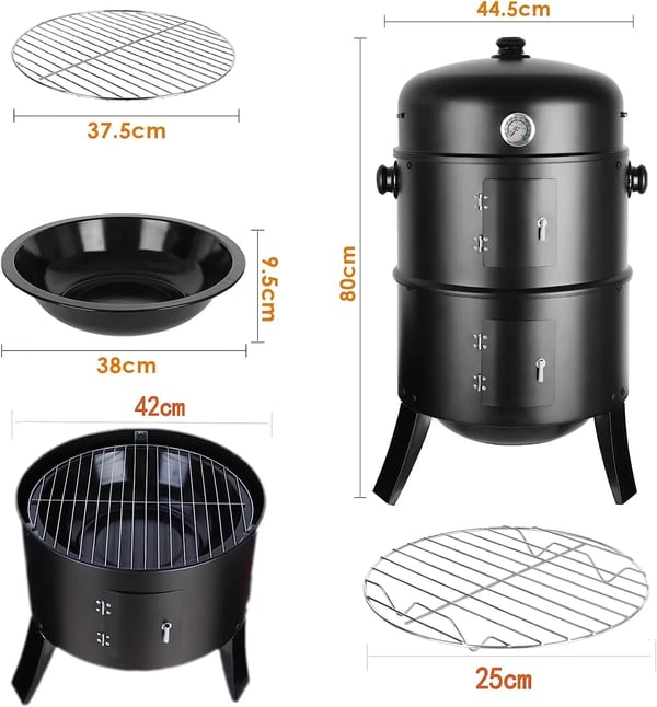 3‑i‑1 vertikal BBQ kulrøger, Ø45 cm rund tøndegrill, grå – kraftig konstruktion, indbygget termometer og skorsten