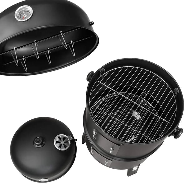 3‑i‑1 vertikal BBQ kulrøger, Ø45 cm rund tøndegrill, grå – kraftig konstruktion, indbygget termometer og skorsten