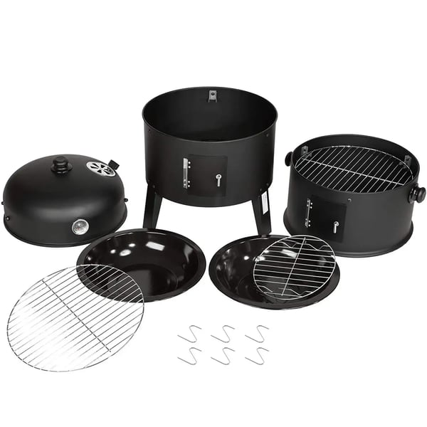 3‑i‑1 vertikal BBQ kulrøger, Ø45 cm rund tøndegrill, grå – kraftig konstruktion, indbygget termometer og skorsten