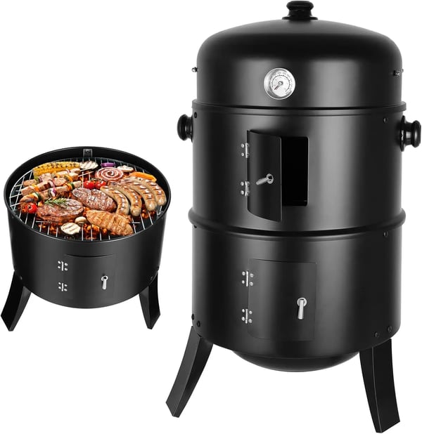 3‑i‑1 vertikal BBQ kulrøger, Ø45 cm rund tøndegrill, grå – kraftig konstruktion, indbygget termometer og skorsten