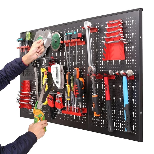 Værktøjstavle - Væghængt værktøjsholder - Perforeret panel - 120×60 cm - Støbejern - Krogsæt medfølger - Rød
