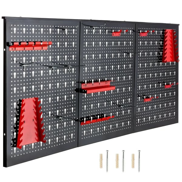 Værktøjstavle - Væghængt værktøjsholder - Perforeret panel - 120×60 cm - Støbejern - Krogsæt medfølger - Rød