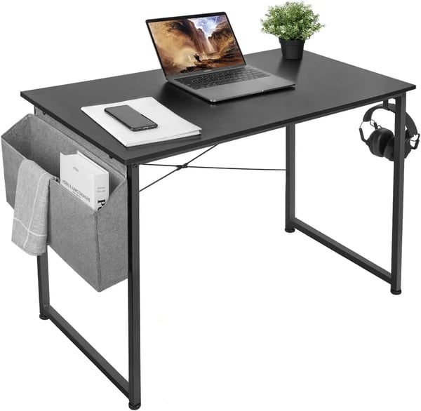 Computerbord - L-formet hjørneskrivebord - 120 x 60 cm - Med hjul - Med opbevaring - Med skab - Foldbart - Træ - Sort