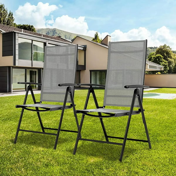 2 stk. klapbare positionsstole, i aluminium, høj ryg, 7 positioner, robust til ude/inde, have & pool
