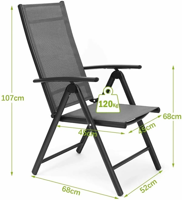 2 stk. klapbare positionsstole, i aluminium, høj ryg, 7 positioner, robust til ude/inde, have & pool