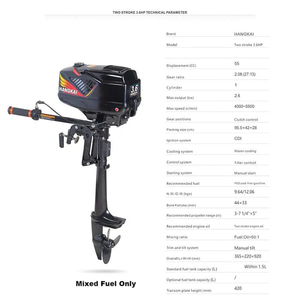 Benzin påhængsmotor - 2-takt - 3,6 hk (2,6 kW) - Kort ben 42 cm - 55 cc - Vandkølet - Manuel start