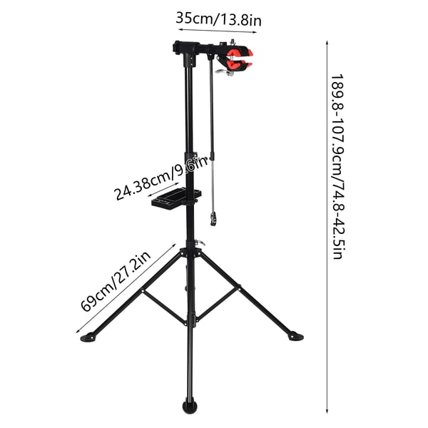 Polkupyörän huoltoteline - Taittuva työjalusta - MTB- ja maantiepyörille - Korkeus 107,9–189,8 cm - Enimmäiskuorma 50 kg - Musta/Punainen