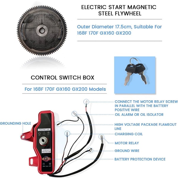 Elstart-sæt - Elektrisk Starterkit - Til GX160/GX200 - Effekt 5,5–6,5 HK - Firtakt - Med Startmotor, Svinghjul, Ladspole, Tænding, Blæserkåbe