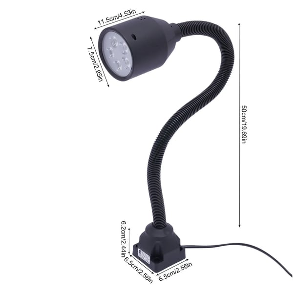 LED työvalo - joutsenkaula konevalo - Teho 5 W - Joustava varsi 360° - Värilämpötila 4000K/6000K - Kiinteä jalusta - Sorville ja jyrsimelle - Musta