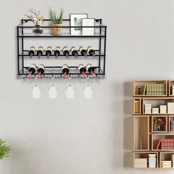 Seinään asennettava viiniteline, 3-tasoinen malli, 80×25×55 cm, musta – loistava lahja viininystäville