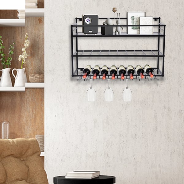 Seinään asennettava viiniteline, 3-tasoinen malli, 80×25×55 cm, musta – loistava lahja viininystäville