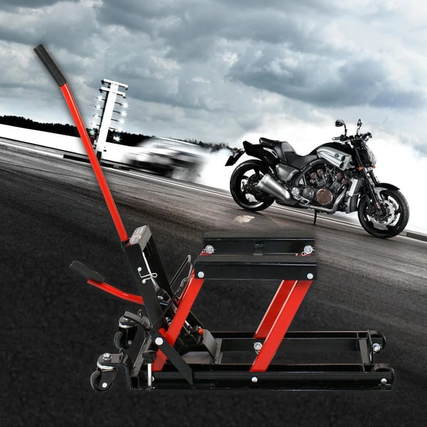 Motorcykelløfter - Hydraulisk løftebord - Maks. belastning 680 kg - Højde 11,5–37,5 cm - Platform 30×28 cm - Størrelse 75×35×15 cm - Rød