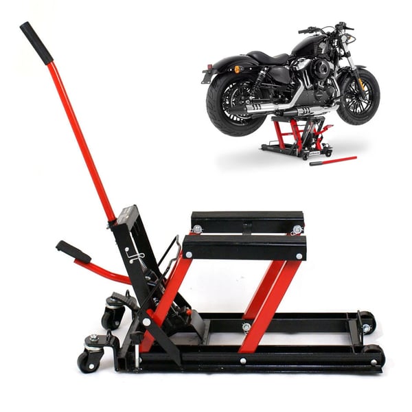 Motorcykelløfter - Hydraulisk løftebord - Maks. belastning 680 kg - Højde 11,5–37,5 cm - Platform 30×28 cm - Størrelse 75×35×15 cm - Rød