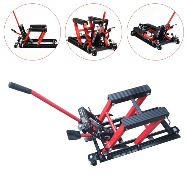 Motorcykelløfter - Hydraulisk løftebord - Maks. belastning 680 kg - Højde 11,5–37,5 cm - Platform 30×28 cm - Størrelse 75×35×15 cm - Rød